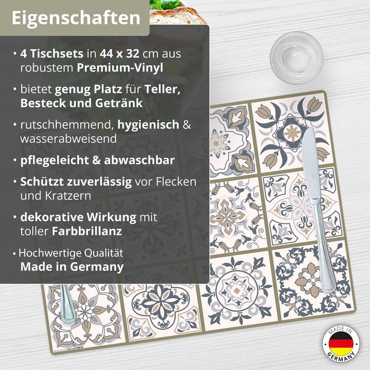Produktbild: Tischsetmacher Tischsets Fliesenmuster in beige & wei&szlig;, aus hochwertigem Vinyl (4 St&uuml;ck), 44 x 32 cm