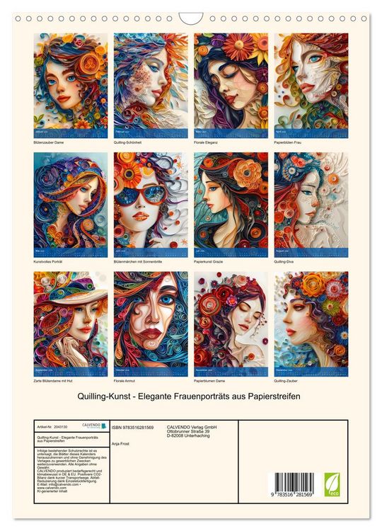 Produktbild: Quilling-Kunst - Elegante Frauenportr&auml;ts aus Papierstreifen (Wandkalender 2026 DIN A3 hoch), CALVENDO Monatskalender