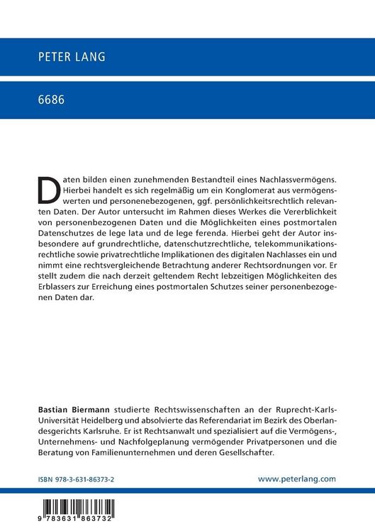 Produktbild: Der digitale Nachlass und der postmortale Schutz personenbezogener Daten
