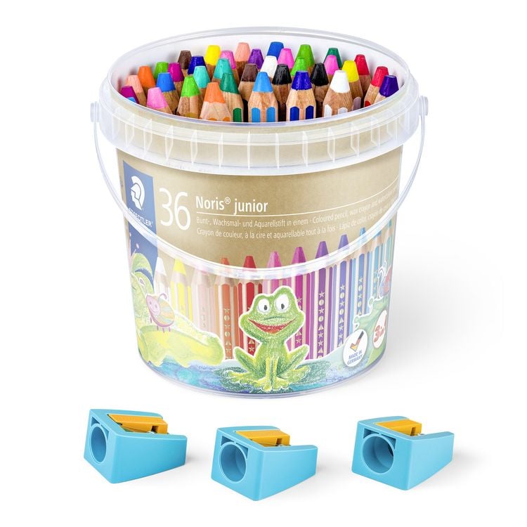 Produktbild: STAEDTLER Noris junior 140 Kindermalstift 3 in 1, Eimer mit 36 Malstiften in 18 sortierten Farben und 3 Spitzern, 140 C36