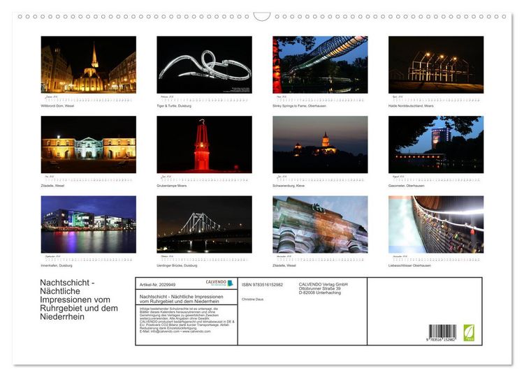 Produktbild: Nachtschicht - N&auml;chtliche Impressionen vom Ruhrgebiet und dem Niederrhein (Wandkalender 2026 DIN A2 quer), CALVENDO Monatskalender