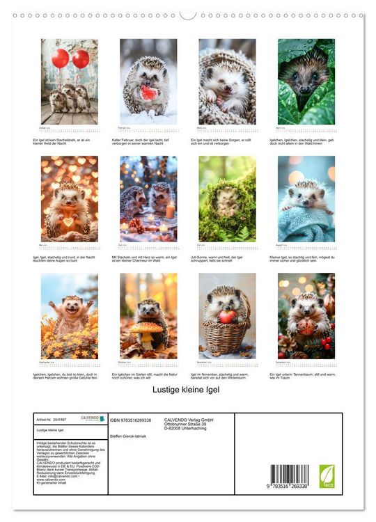 Produktbild: Lustige kleine Igel (hochwertiger Premium Wandkalender 2026 DIN A2 hoch), Kunstdruck in Hochglanz