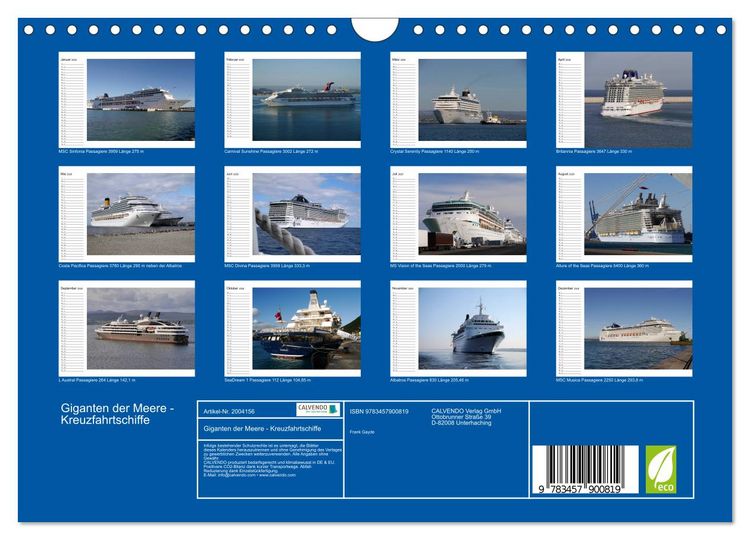 Produktbild: Giganten der Meere - Kreuzfahrtschiffe (Wandkalender 2026 DIN A4 quer), CALVENDO Monatskalender
