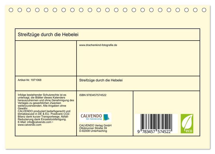 Produktbild: Streifz&uuml;ge durch die Hebelei (Tischkalender 2026 DIN A5 quer), CALVENDO Monatskalender