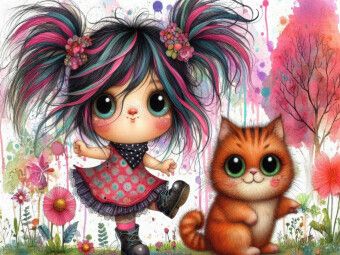 Produktbild: CALVENDO Puzzle Ein freches M&auml;dchen mit roten Haarstr&auml;hnen und eine rote Katze tanzen zusammen | 1000 Teile Lege-Gr&ouml;&szlig;e 64x48cm Foto-Puzzle f&uuml;r gl&uuml;ckli