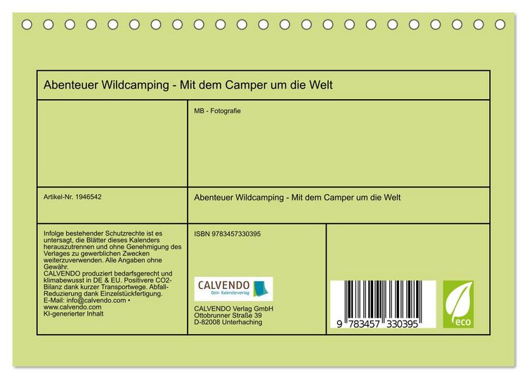 Produktbild: Abenteuer Wildcamping - Mit dem Camper um die Welt (Tischkalender 2026 DIN A5 quer), CALVENDO Monatskalender