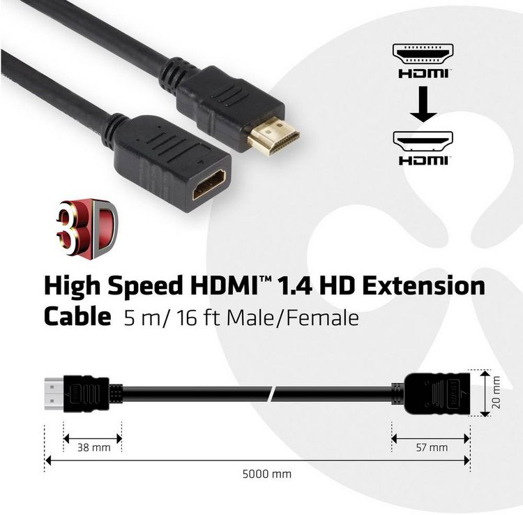 Produktbild: club3D HDMI Verl&auml;ngerungskabel HDMI-A Stecker, HDMI-A Buchse 5.00 m Schwarz CAC-1320 4K UHD HDMI-Kabel