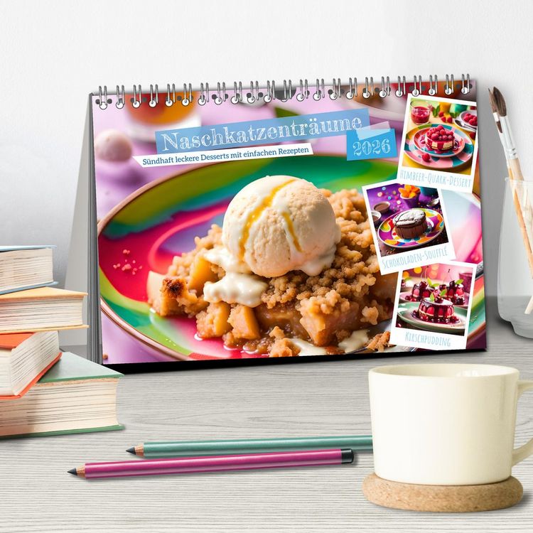 Produktbild: Naschkatzentr&auml;ume - S&uuml;ndhaft leckere Desserts mit einfachen Rezepten (Tischkalender 2026 DIN A5 quer), CALVENDO Monatskalender