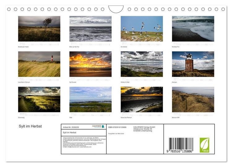 Produktbild: Sylt im Herbst (Wandkalender 2026 DIN A4 quer), CALVENDO Monatskalender