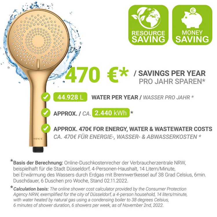 Produktbild: Duschkopf Watersaving Gold matt, Universal-Handbrause, &Oslash; 11 cm, 3 Strahlarten