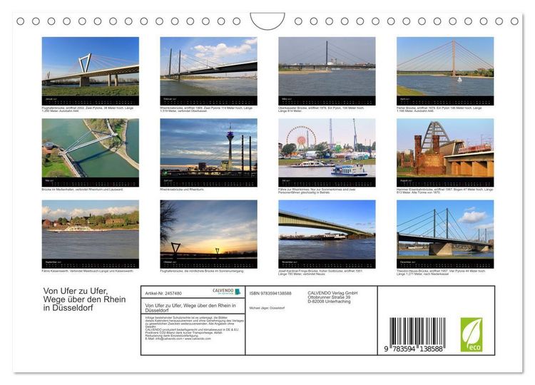 Produktbild: Von Ufer zu Ufer, Wege &uuml;ber den Rhein in D&uuml;sseldorf (Wandkalender 2027 DIN A4 quer), CALVENDO Monatskalender