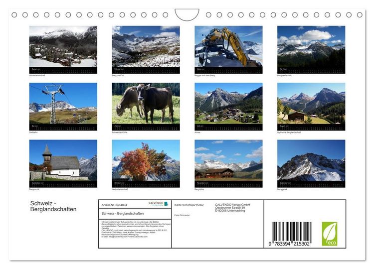 Produktbild: Schweiz - Berglandschaften (Wandkalender 2027 DIN A4 quer), CALVENDO Monatskalender