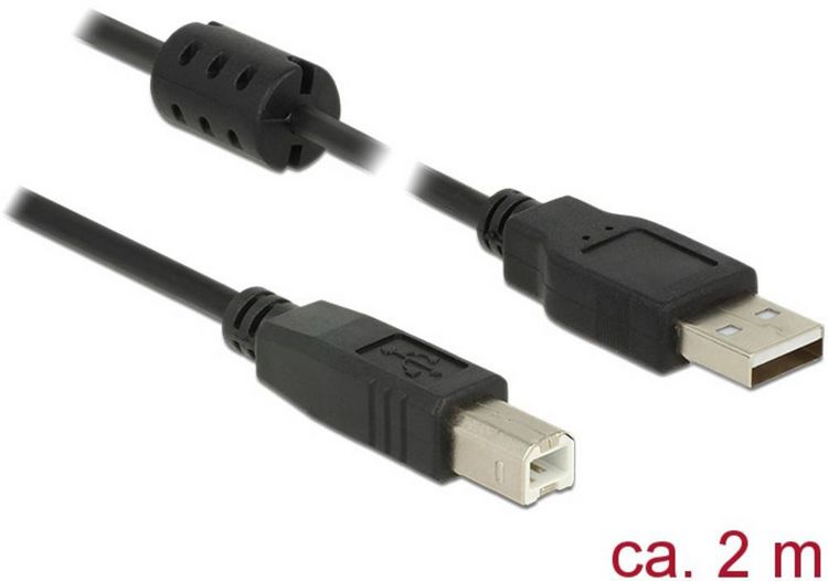 Produktbild: Delock USB-Kabel USB 2.0 USB-A Stecker, USB-B Stecker 2.00 m Schwarz mit Ferritkern 84897