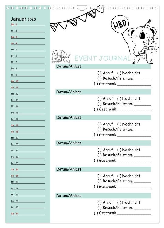 Produktbild: Geburtstagsplaner Doodle Tiere - F&uuml;r Termine, Geschenke, Eventdetails & mehr (Wandkalender 2026 DIN A3 hoch), CALVENDO Monatskalender