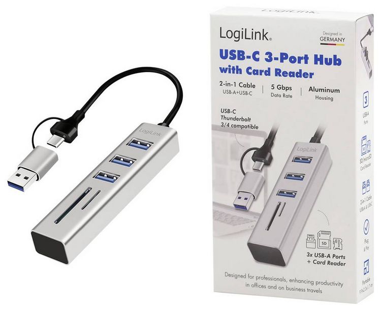 Produktbild: LogiLink UA0445 USB-Hub 3 Port USB-A, SDHC, microSDHC USB 3.0 5 GBit/s Aluminium UA0445