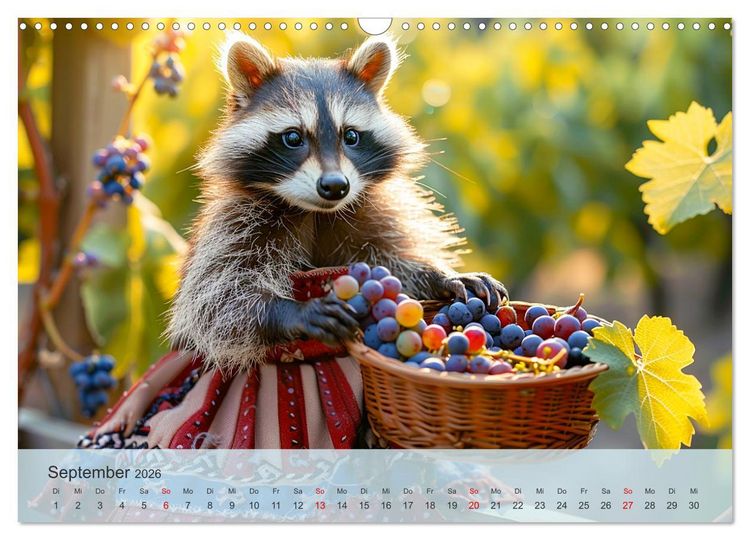 Produktbild: Niedlicher Waschb&auml;ren-Style. Modisch, elegant und blumig (Wandkalender 2026 DIN A3 quer), CALVENDO Monatskalender