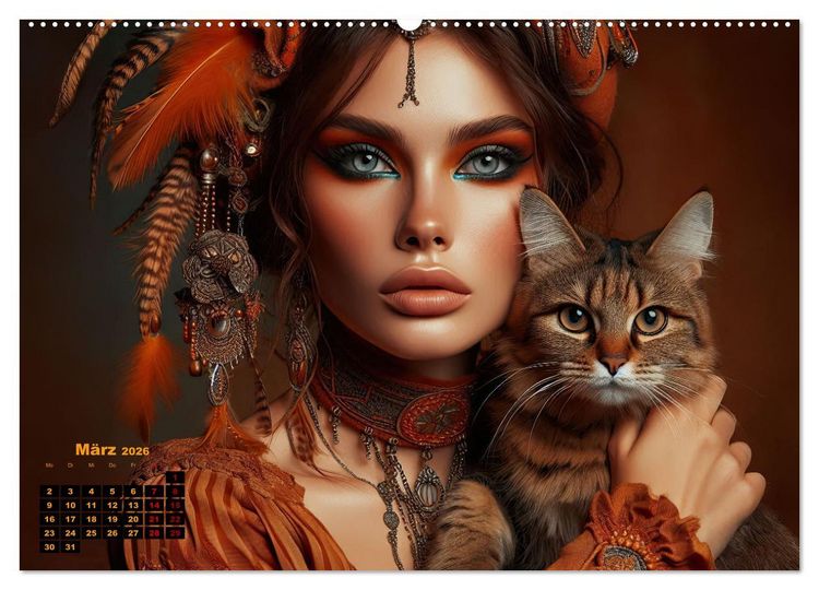 Produktbild: Luxuri&ouml;ser Bohemian Flair - Elegante Frauen mit anmutigen Katzen (hochwertiger Premium Wandkalender 2026 DIN A2 quer), Kunstdruck in Hochglanz