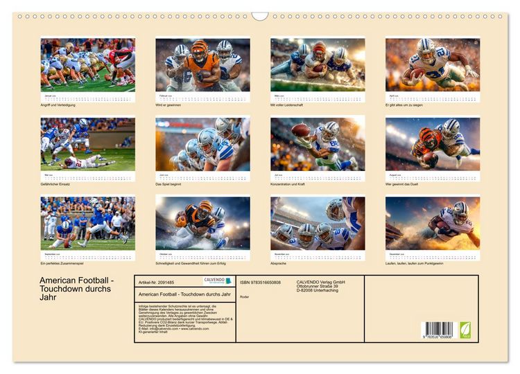 Produktbild: American Football - Touchdown durchs Jahr (Wandkalender 2026 DIN A2 quer), CALVENDO Monatskalender