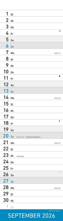 Produktbild: Streifenplaner Mini BLAU 2026 - Streifenkalender - Wandplaner - Küchen-Kalender - 9,5x33
