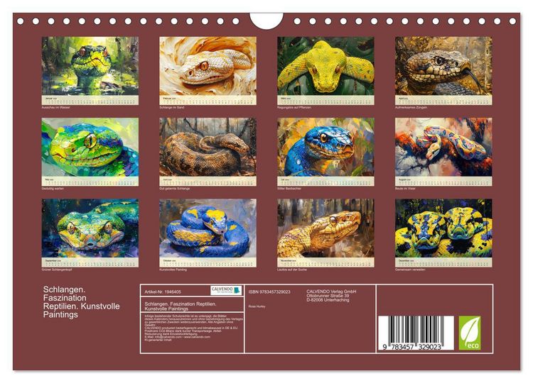 Produktbild: Schlangen. Faszination Reptilien. Kunstvolle Paintings (Wandkalender 2026 DIN A4 quer), CALVENDO Monatskalender