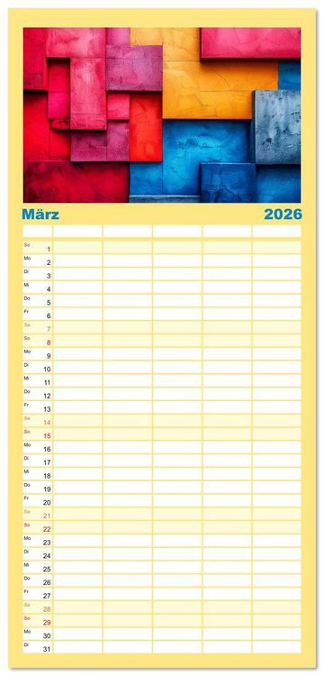 Produktbild: Familienplaner 2026 - Patchwork - Farben und Formen mit 5 Spalten (Wandkalender, 21 x 45 cm) CALVENDO