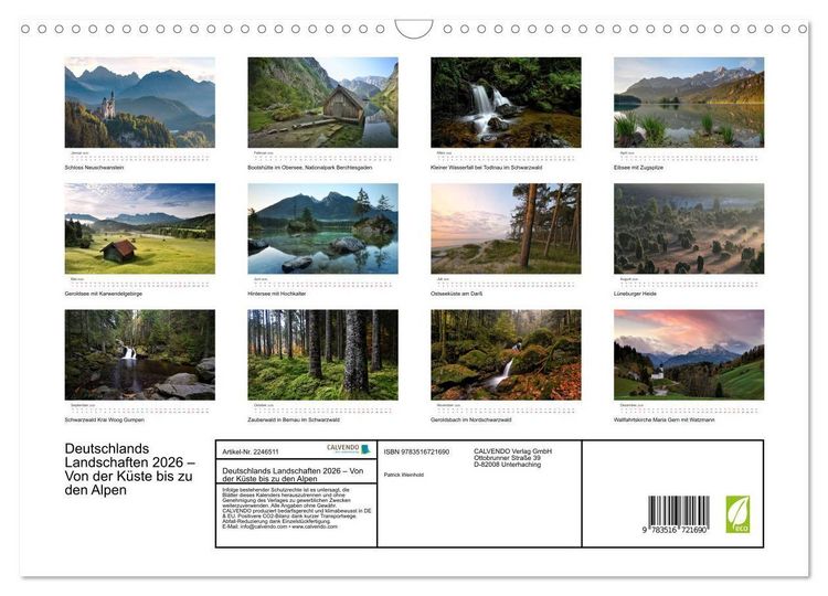Produktbild: Deutschlands Landschaften 2026 &ndash; Von der K&uuml;ste bis zu den Alpen (Wandkalender 2026 DIN A3 quer), CALVENDO Monatskalender