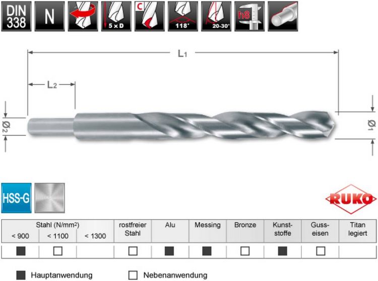 Produktbild: RUKO 2004130 HSS-G Spiralbohrer 13mm Gesamtl&auml;nge 151mm DIN 338 1St.