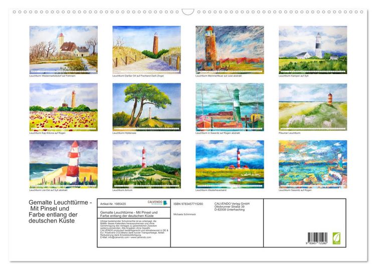 Produktbild: Gemalte Leuchtt&uuml;rme - Mit Pinsel und Farbe entlang der deutschen K&uuml;ste (Wandkalender 2026 DIN A2 quer), CALVENDO Monatskalender
