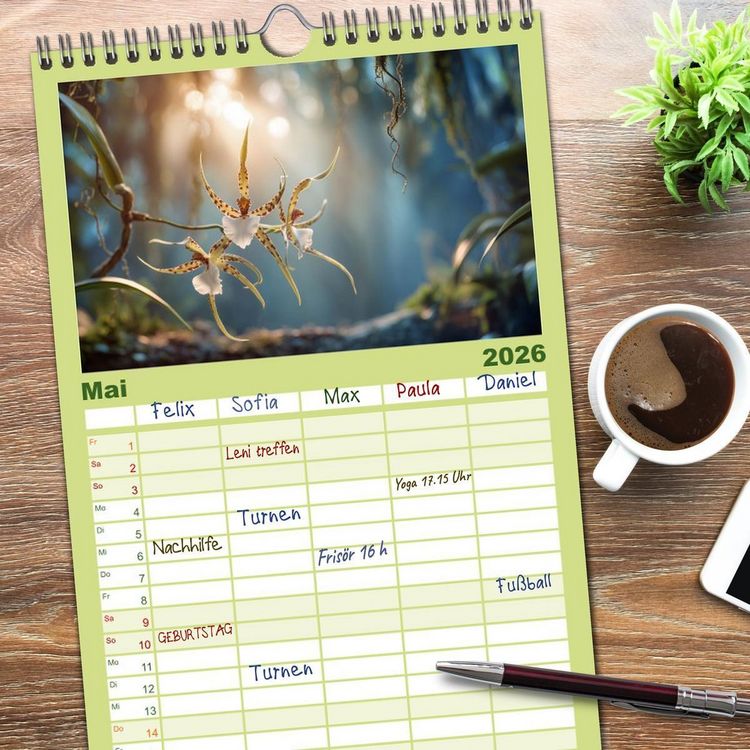 Produktbild: Familienplaner 2026 - Im Schatten der Orchidee mit 5 Spalten (Wandkalender, 21 x 45 cm) CALVENDO