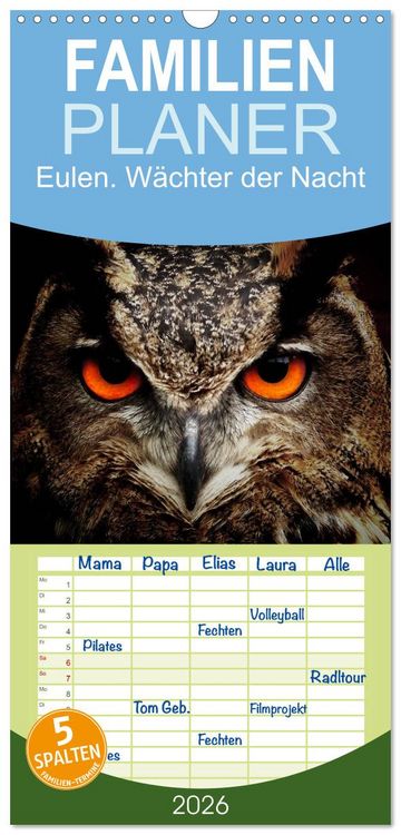 Produktbild: Familienplaner 2026 - Eulen. W&auml;chter der Nacht mit 5 Spalten (Wandkalender, 21 x 45 cm) CALVENDO