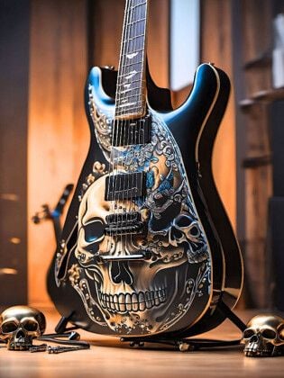 Produktbild: CALVENDO Puzzle Gitarre mit Totenk&ouml;pfen | 1000 Teile Lege-Gr&ouml;&szlig;e 64x48cm Foto-Puzzle f&uuml;r gl&uuml;ckliche Stunden