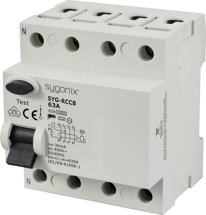 Produktbild: Sygonix SY-6438020 SYG-RCCB 3P+N/A63/10kA/30mA Fehlerstrom-Schutzschalter A 4polig 63 A 0.03 A 400 V/AC