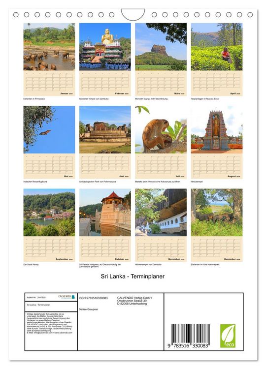 Produktbild: Sri Lanka - Terminplaner (Wandkalender 2026 DIN A4 hoch), CALVENDO Monatskalender