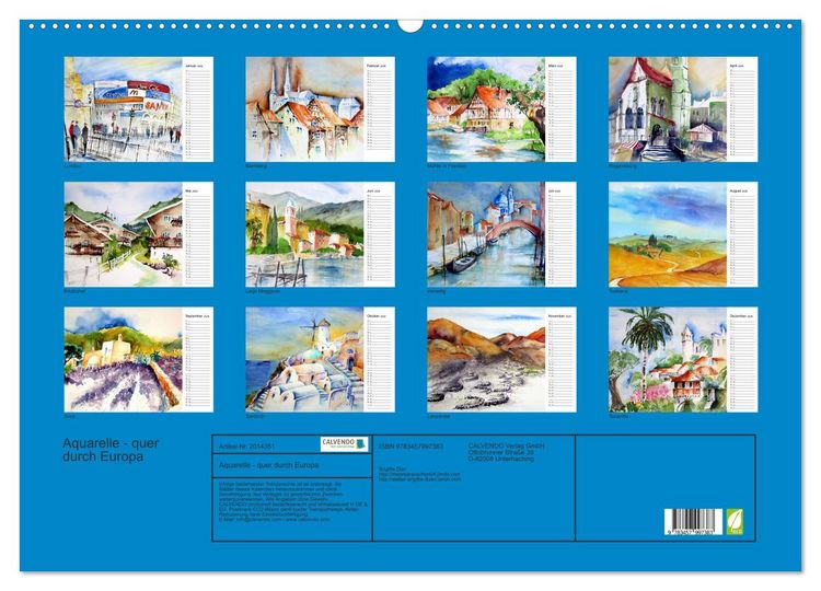 Produktbild: Aquarelle - quer durch Europa (Wandkalender 2026 DIN A2 quer), CALVENDO Monatskalender