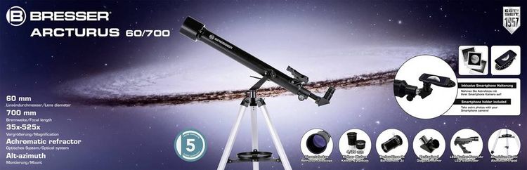 Produktbild: Bresser Optik Arcturus 60/700 AZ Linsen-Teleskop Azimutal Achromatisch Vergr&ouml;&szlig;erung 35 bis 525 x