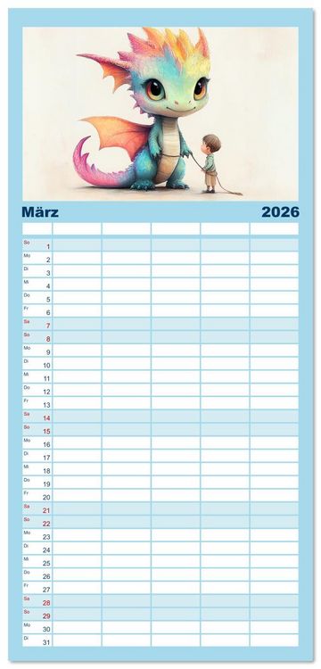 Produktbild: Familienplaner 2026 - Dinozauber &ndash; Wenn Urzeitbewohner zu Freunden werden mit 5 Spalten (Wandkalender, 21 x 45 cm) CALVENDO
