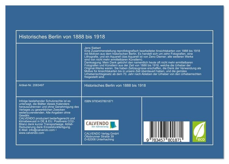 Produktbild: Historisches Berlin von 1888 bis 1918 (Tischkalender 2026 DIN A5 quer), CALVENDO Monatskalender