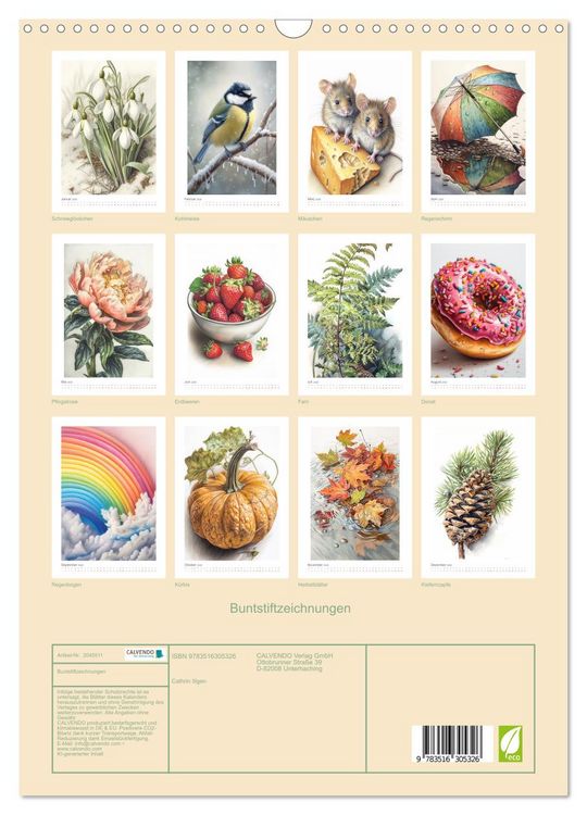 Produktbild: Buntstiftzeichnungen (Wandkalender 2026 DIN A3 hoch), CALVENDO Monatskalender
