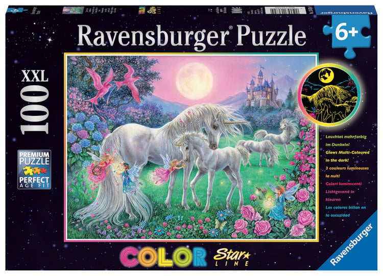 Produktbild: Puzzle Ravensburger Einh&ouml;rner im Mondschein 100 Teile XXL Color Starline