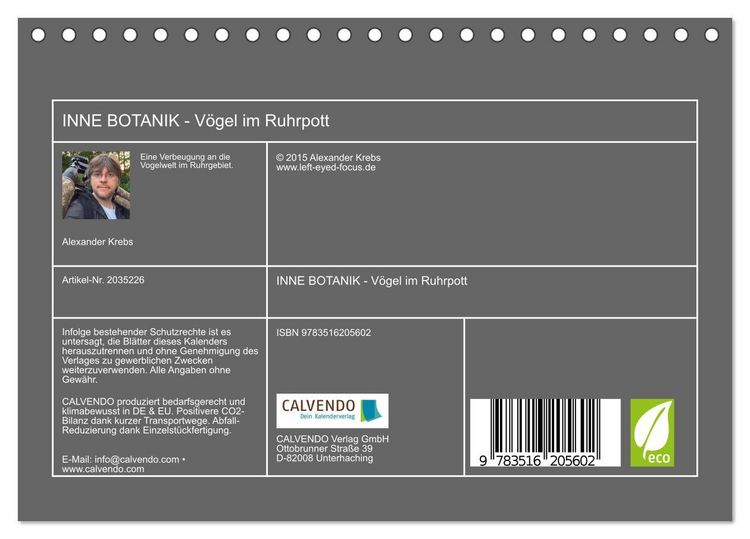 Produktbild: INNE BOTANIK - V&ouml;gel im Ruhrpott (Tischkalender 2026 DIN A5 quer), CALVENDO Monatskalender