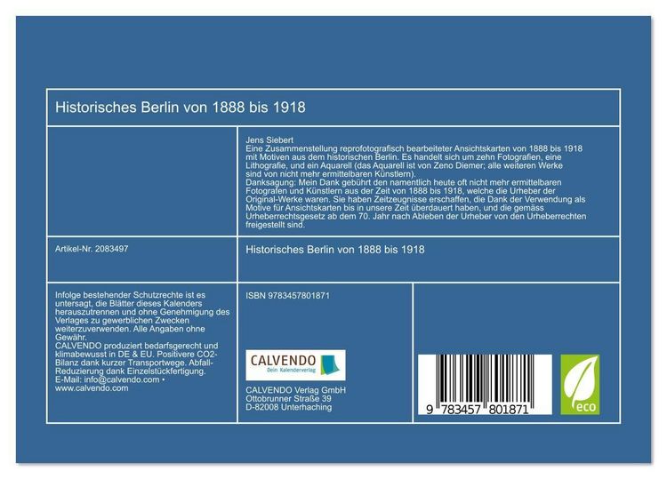 Produktbild: Historisches Berlin von 1888 bis 1918 (Tischkalender 2026 DIN A5 quer), CALVENDO Monatskalender