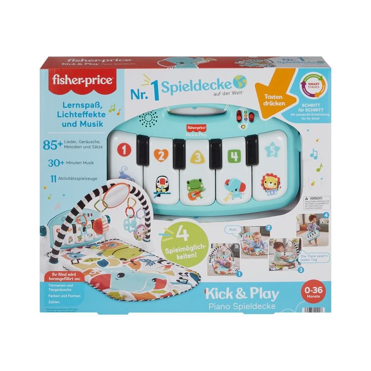 Produktbild: Fisher-Price Kontrast-Spieldecke f&uuml;r Babys, Spielspa&szlig; Piano-Gym, blau, deutsche Version