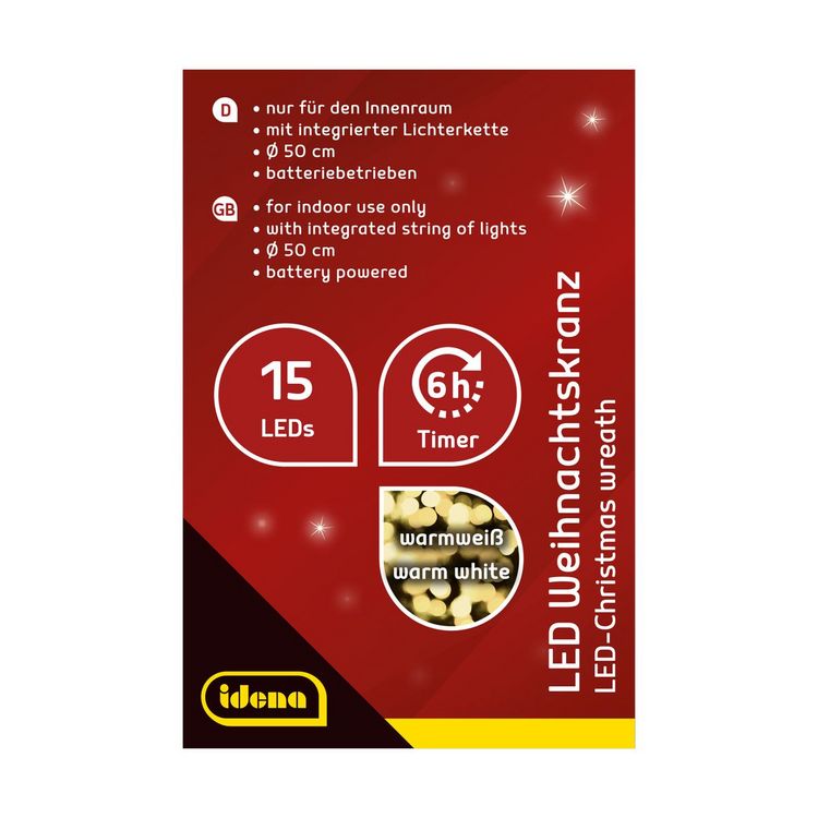 Produktbild: Idena Weihnachtskranz 15 LED 6h Timer &Oslash;50cm batteriebetrieben warmwei&szlig; f&uuml;r Innen