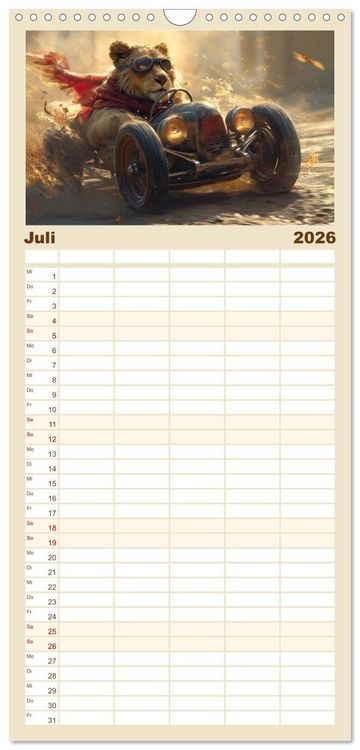 Produktbild: Familienplaner 2026 - Tierische Rennfahrer - Mit Tieren im Oldtimer durch das Jahr mit 5 Spalten (Wandkalender, 21 x 45 cm) CALVENDO