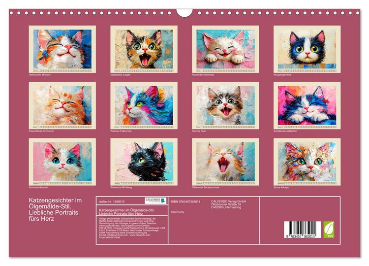 Produktbild: Katzengesichter im &Ouml;lgem&auml;lde-Stil. Liebliche Portraits f&uuml;rs Herz (Wandkalender 2026 DIN A3 quer), CALVENDO Monatskalender