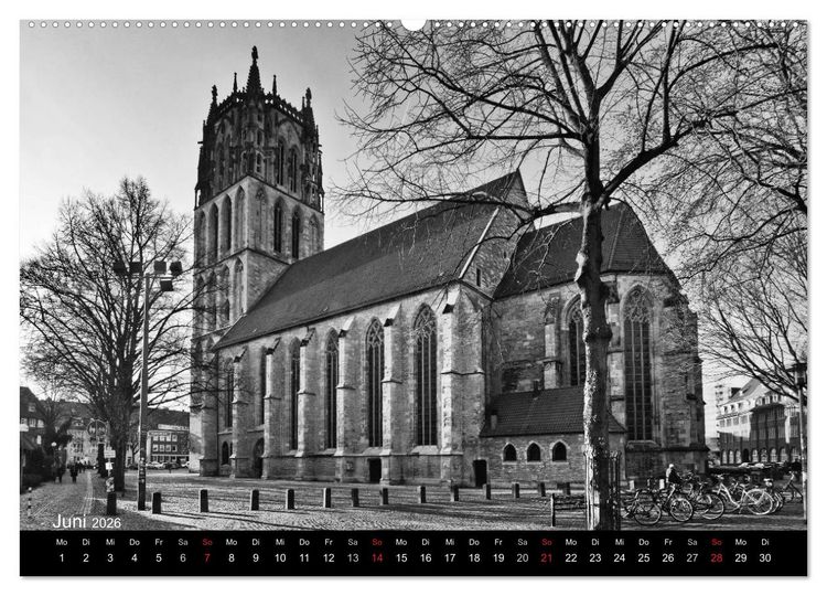 Produktbild: M&uuml;nster in schwarz-wei&szlig; gesehen (Wandkalender 2026 DIN A2 quer), CALVENDO Monatskalender