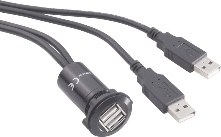 Produktbild: TRU Components USB-06-BK USB-Doppeleinbaubuchse 2.0 Buchse, Einbau, Adapter 2 x USB-Buchse Typ A auf 2 x USB-Stecker Typ A mit