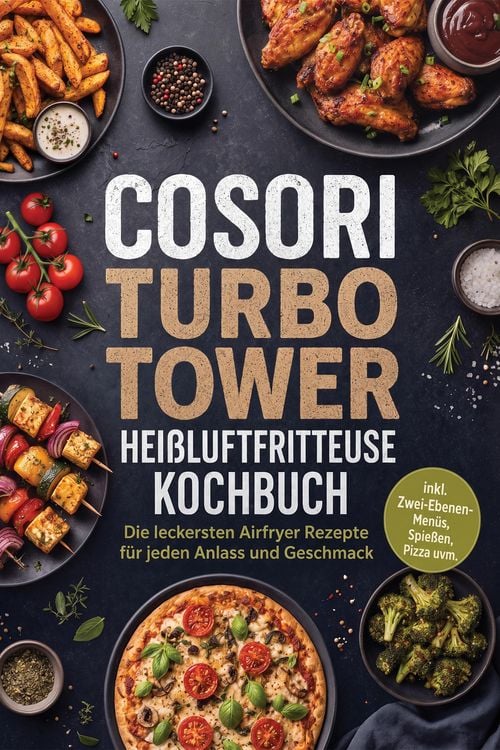 Produktbild: COSORI Turbo Tower Hei&szlig;luftfritteuse Kochbuch: Die leckersten Airfryer Rezepte f&uuml;r jeden Anlass und Geschmack - inkl. Zwei-Ebenen-Men&uuml;s, Spie&szlig;en, Pizz