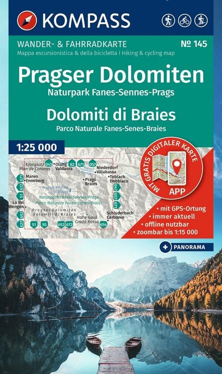 Produktbild: KOMPASS Wanderkarte 145 Pragser Dolomiten, Naturpark Fanes-Sennes-Prags / Dolomiti di Braies, Parco Naturale Fanes-Senes-Braies 1:25.000
