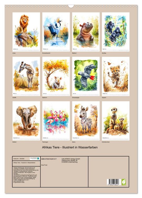Produktbild: Afrikas Tiere - Illustriert in Wasserfarben (Wandkalender 2026 DIN A2 hoch), CALVENDO Monatskalender